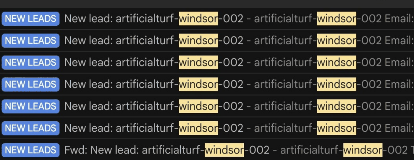 An inbox of new lead notifications from an artificial turf site in Windsor, ON