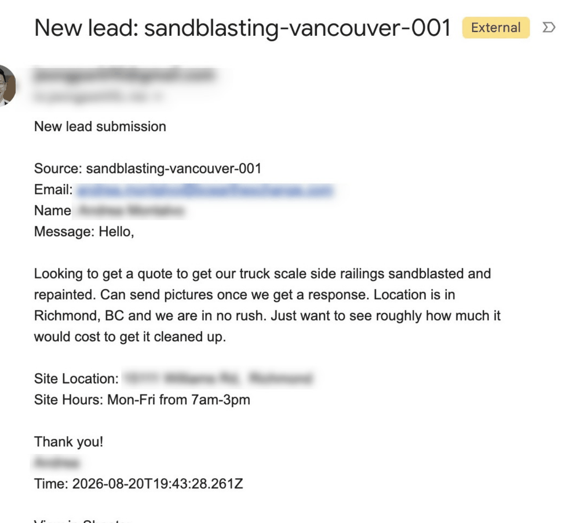A real lead email: a commercial sandblasting quote request in Richmond, BC